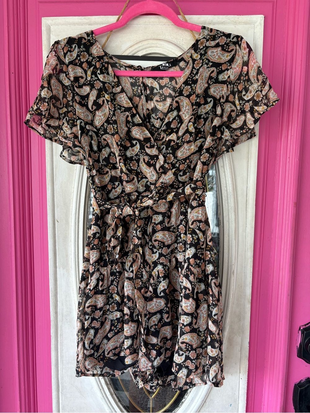 Trixxi Black Paisley Wrap Romper with Tan & Cream Accents